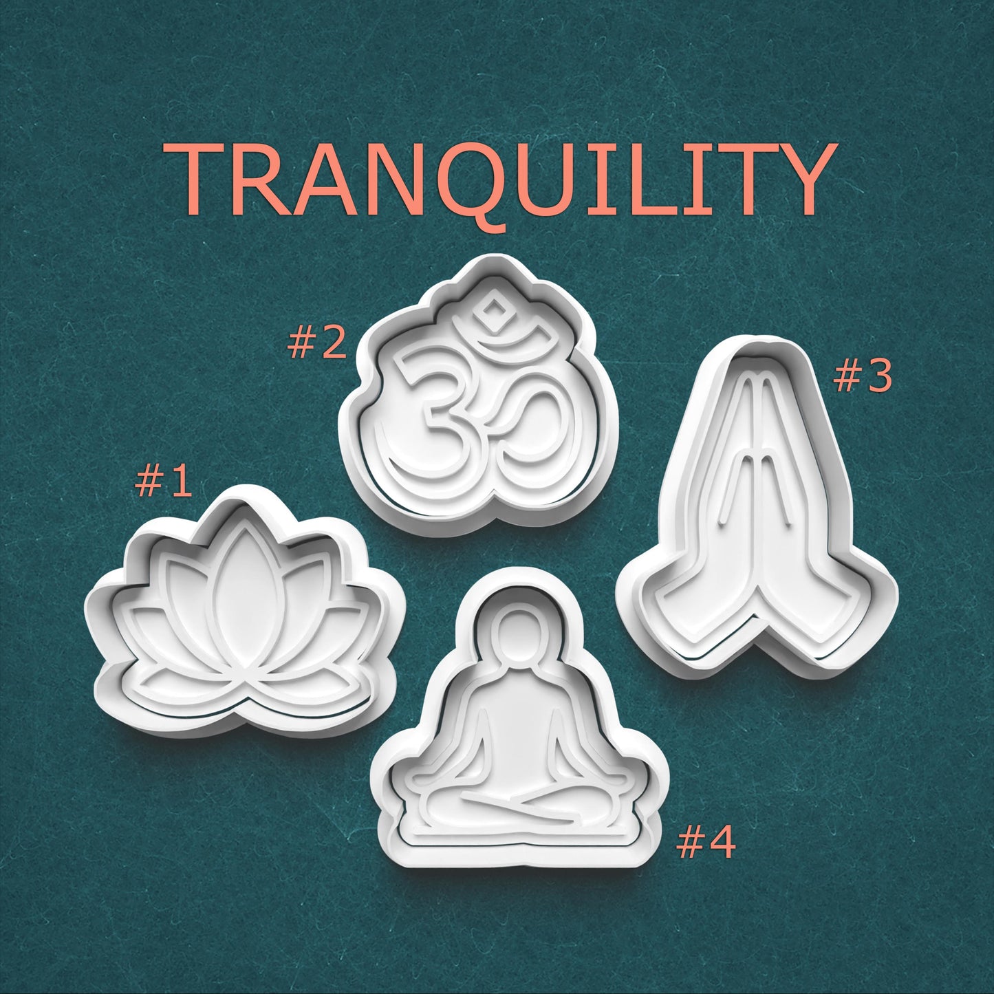 Set of four cookie cutters with symbolic designs on a teal background, labeled 'Tranquility'.