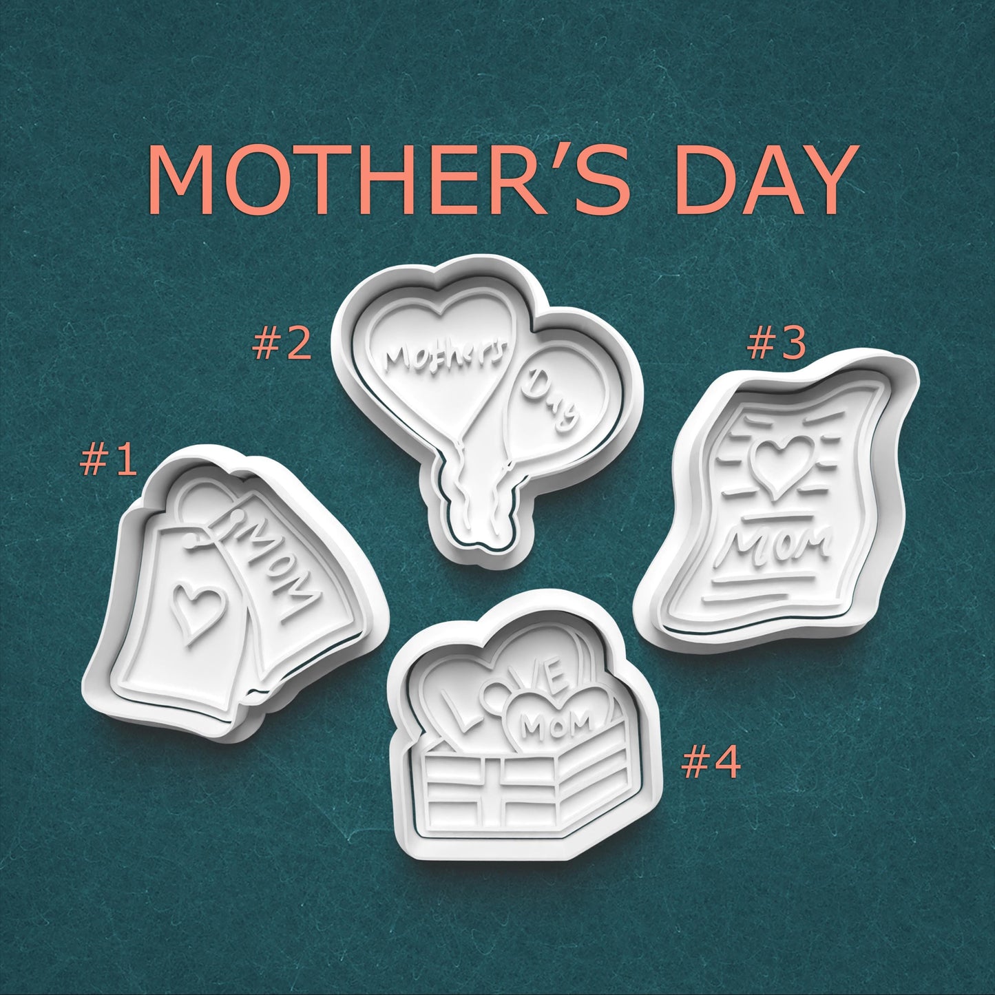 Four cookie cutters with 'MOM' and heart designs on a teal background, labeled for Mother's Day.