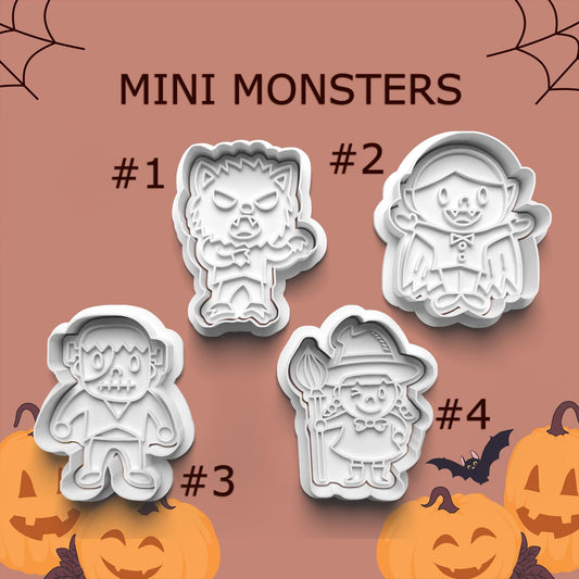 Mini Monsters Cookie Cutter Set – 4 Cute Halloween Characters (Werewolf, Vampire, Zombie & Witch)