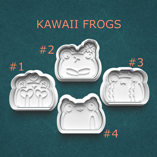 Four kawaii frog-shaped cookie cutters on a teal background with 'Kawaii Frogs' text.