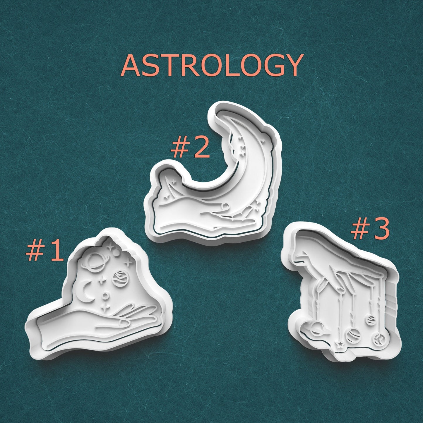 Three astrological cookie cutters on a teal background with 'ASTROLOGY' text.