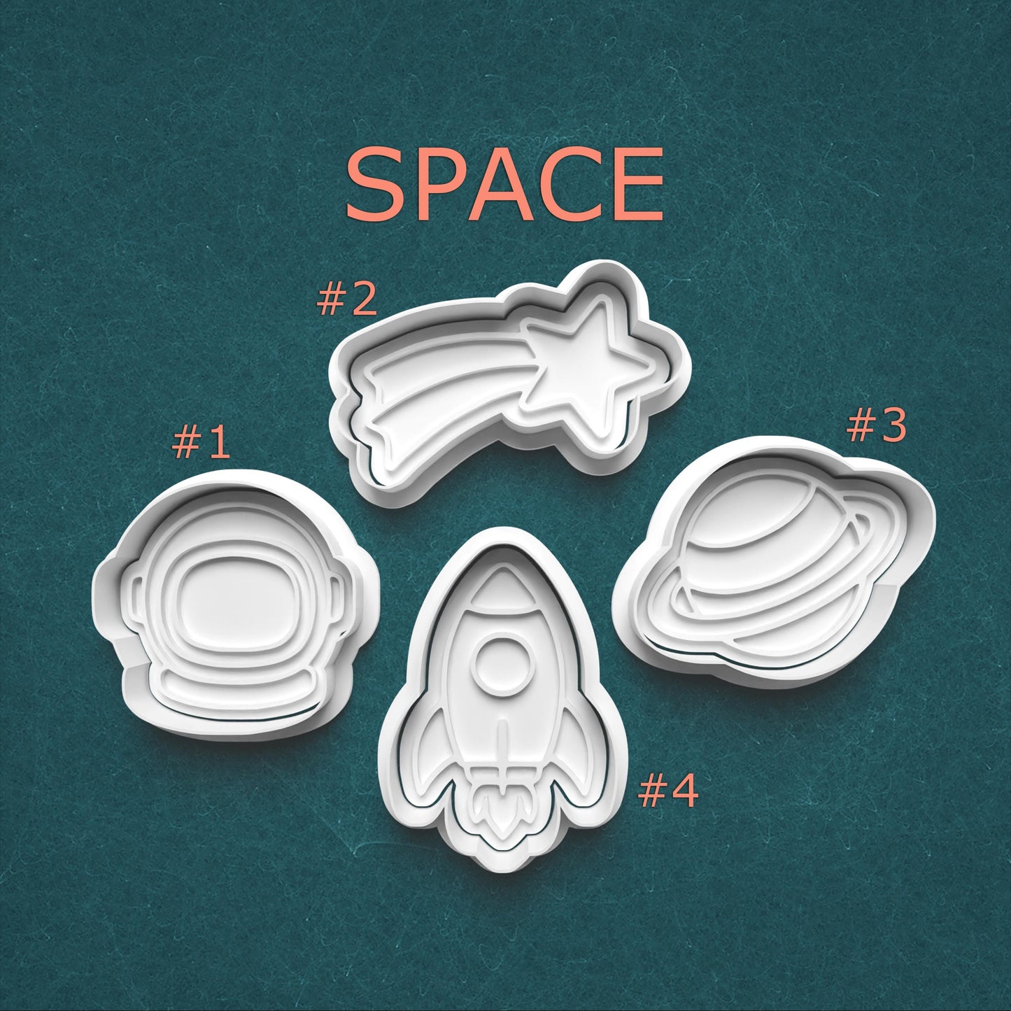 Set of four space-themed cookie cutters on a teal background with 'SPACE' text.