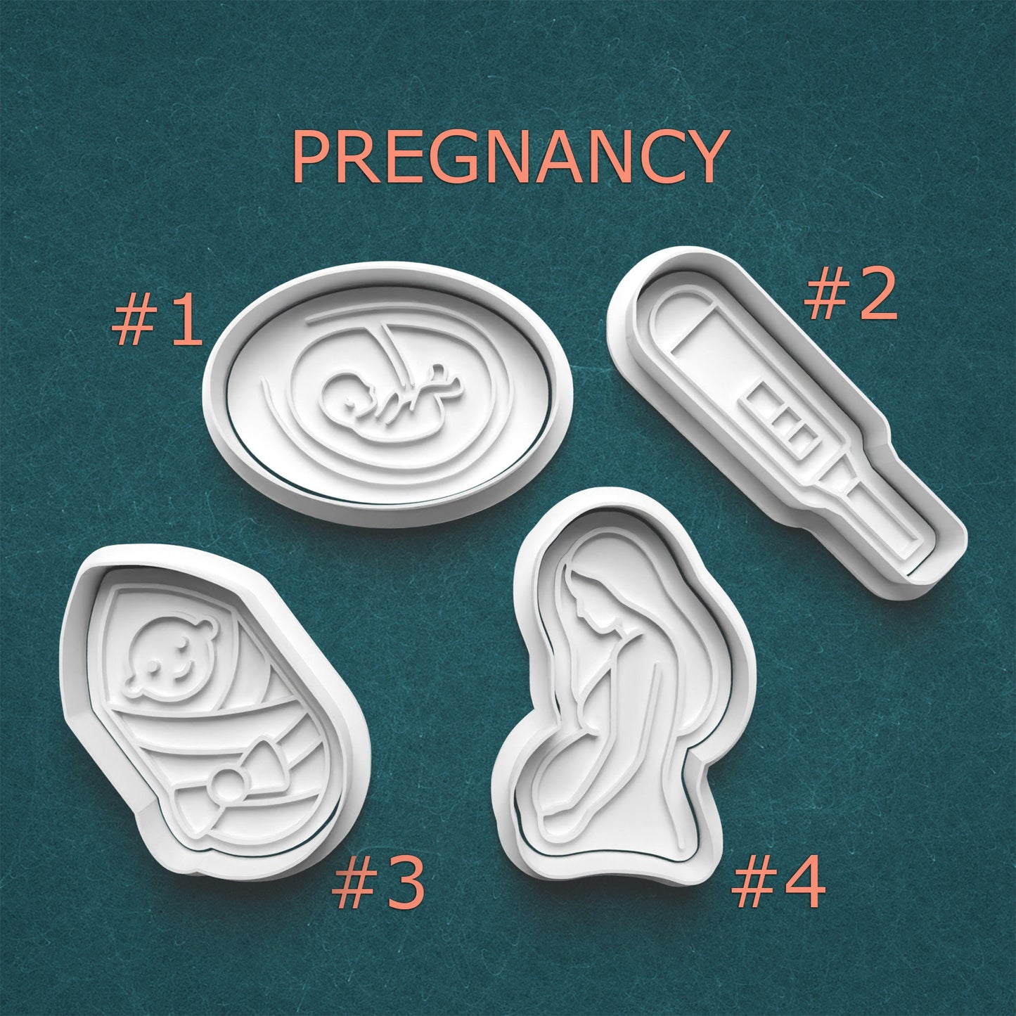Set of four pregnancy-themed cookie cutters on a teal background