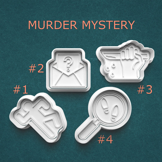 Four cookie cutters with 'Murder Mystery' theme on a teal background