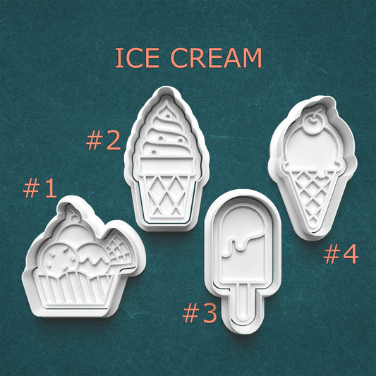 Set of ice cream-themed cookie cutters on a teal background