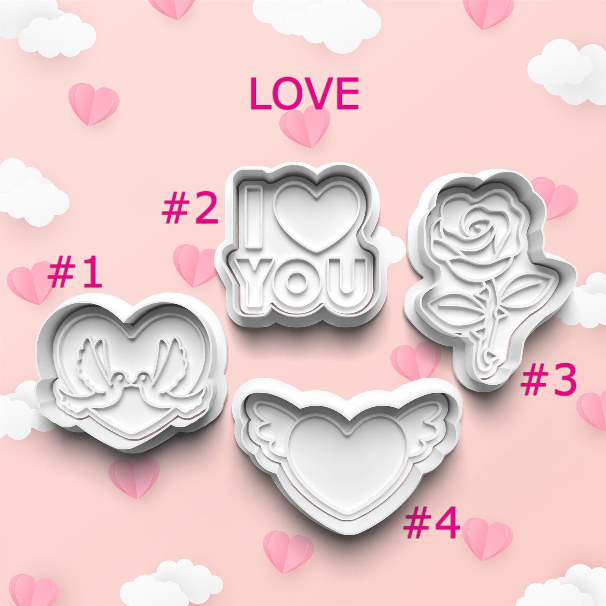 Set of cookie cutters with heart, 'I love you', and rose designs on a pink background with hearts.