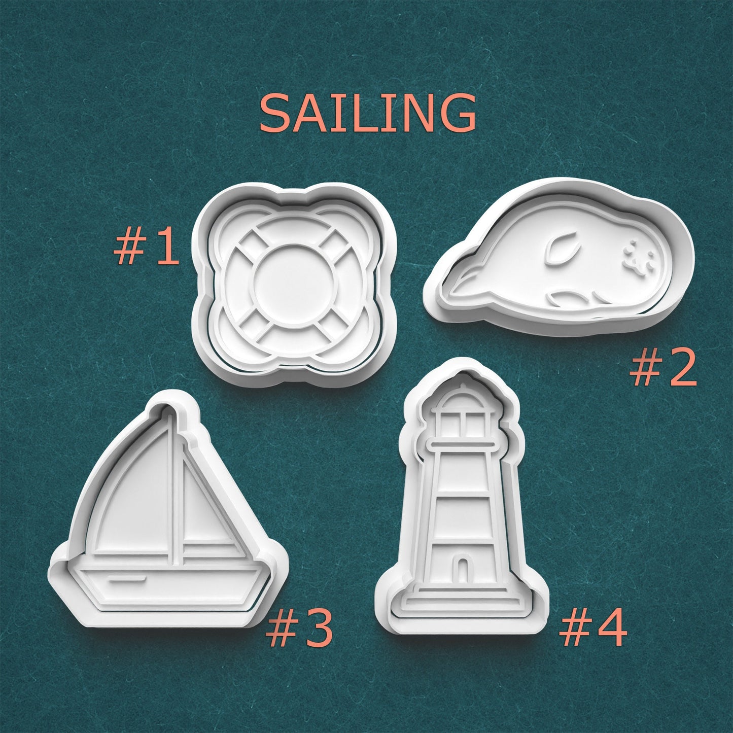 Set of four cookie cutters with sailing-themed designs on a teal background.