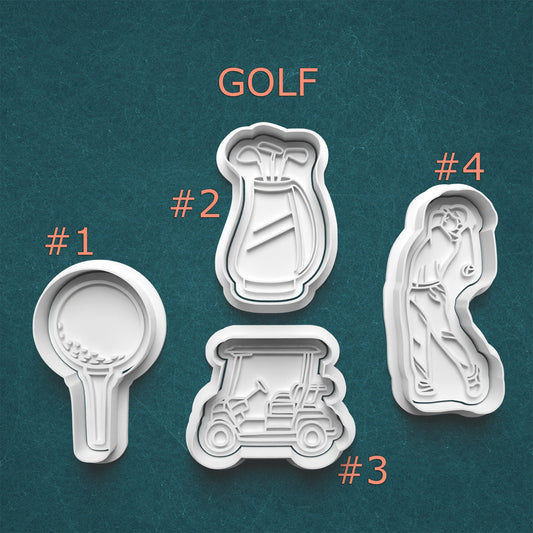 Set of four golf-themed cookie cutters on a teal background