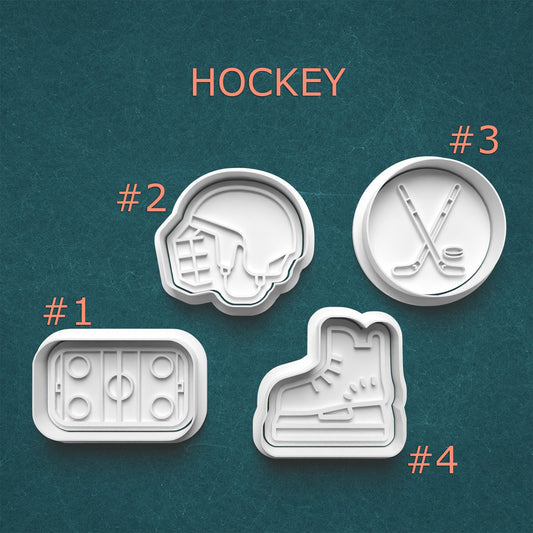 Four hockey-themed cookie cutters on a teal background with 'Hockey' text above.