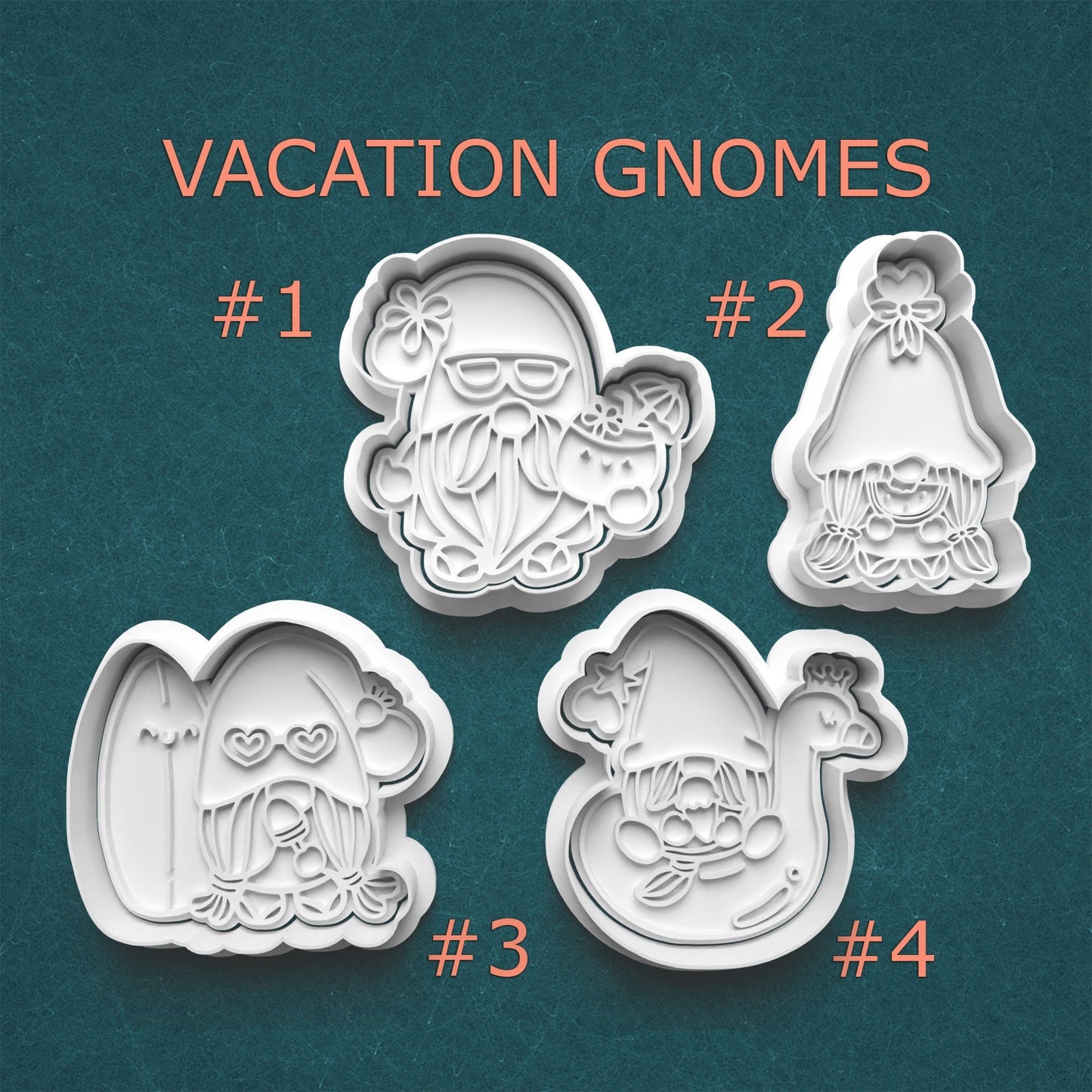 Four vacation gnome cookie cutters with a blue background