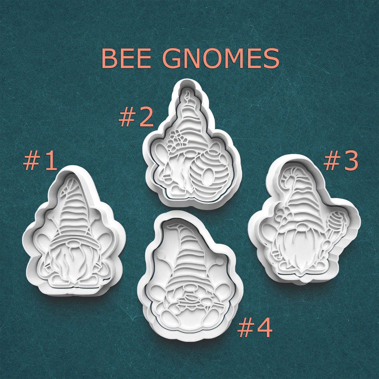 Four bee gnome cookie cutters with numbers on a teal background