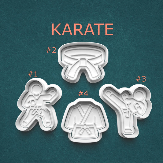 Set of four karate-themed cookie cutters on a teal background with 'KARATE' text.