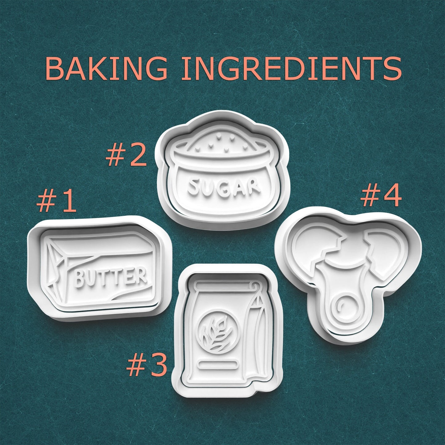 Set of four baking ingredient cookie cutters on a teal background with text indicating 'BAKING INGREDIENTS'.
