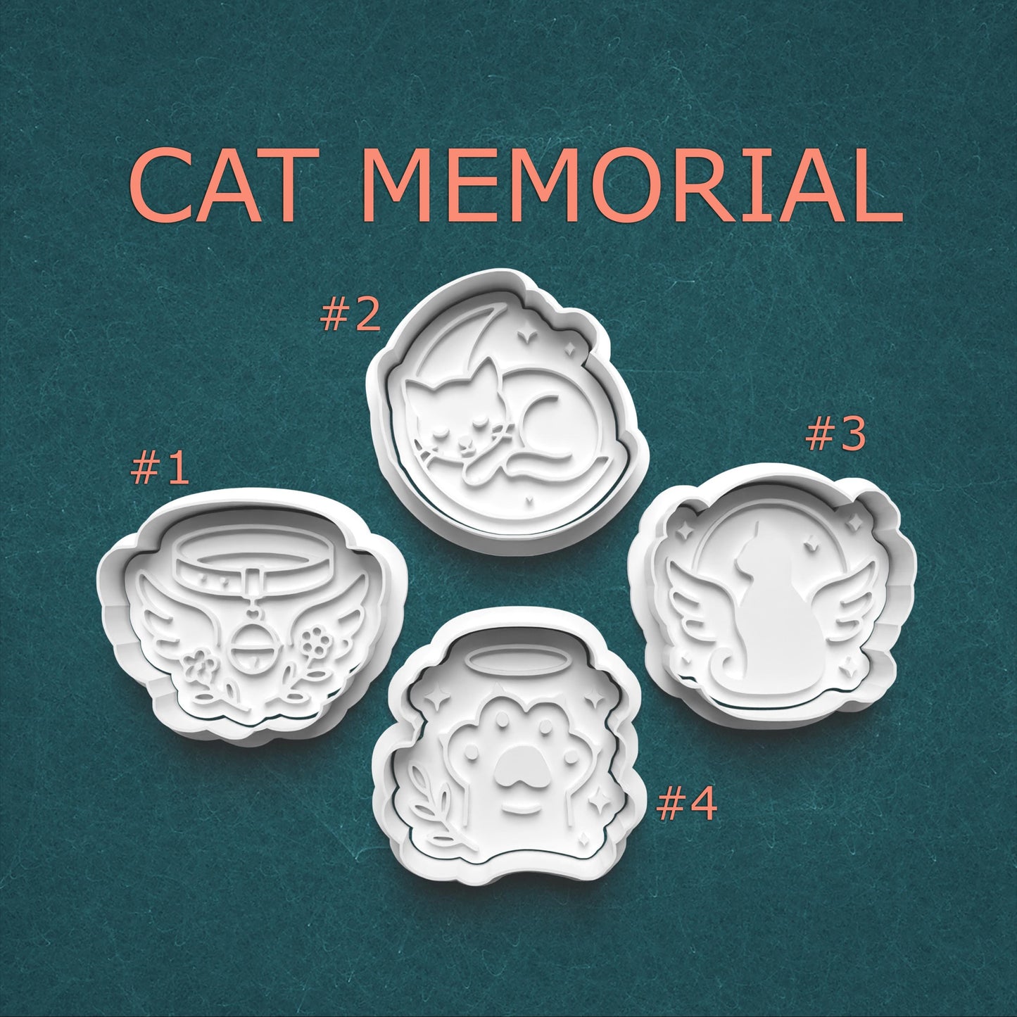 Cat memorial designs with numbers on a teal background