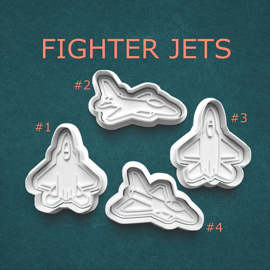 Four fighter jet cookie cutters on a teal background with 'FIGHTER JETS' text.