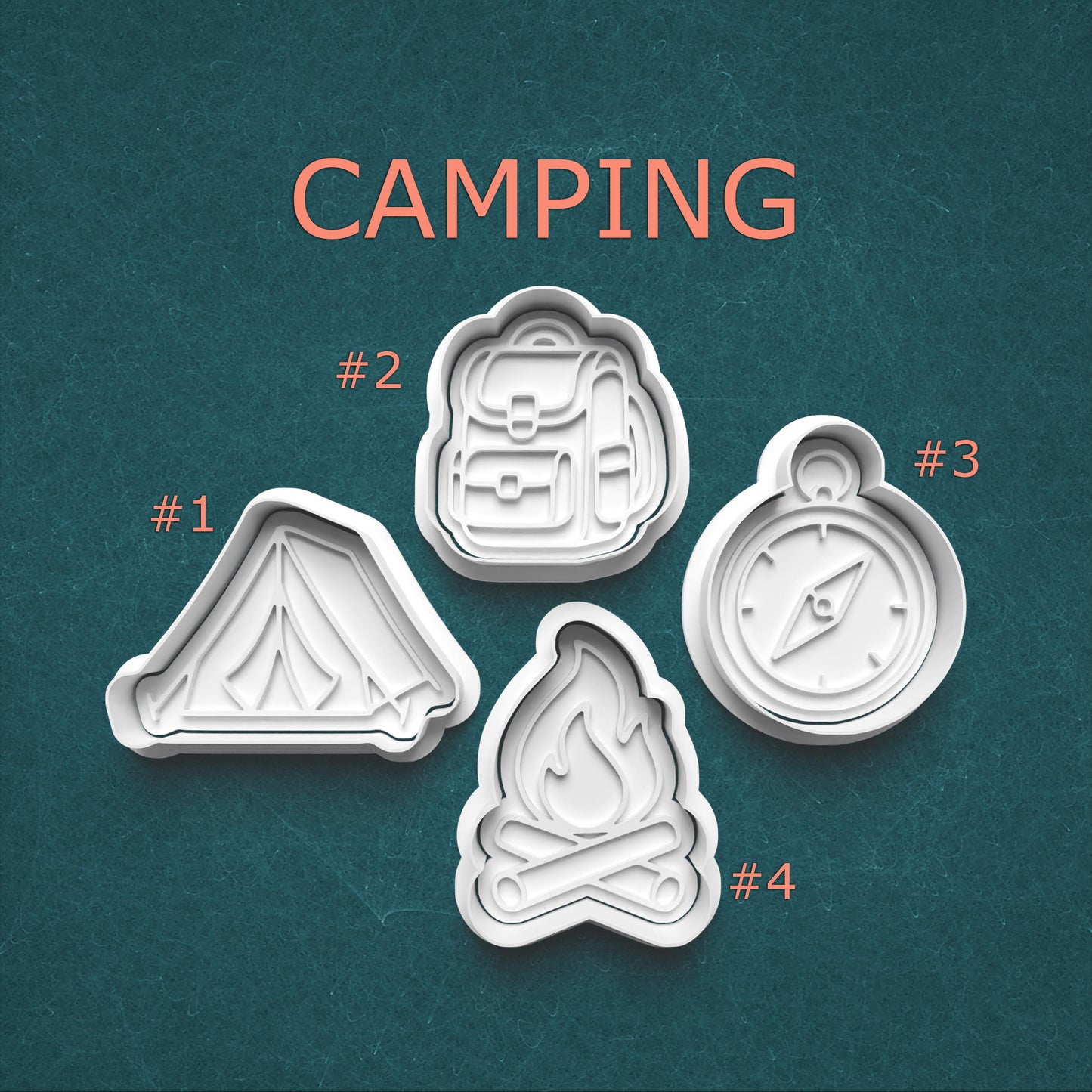 Set of camping-themed cookie cutters on a teal background with 'Camping' text.