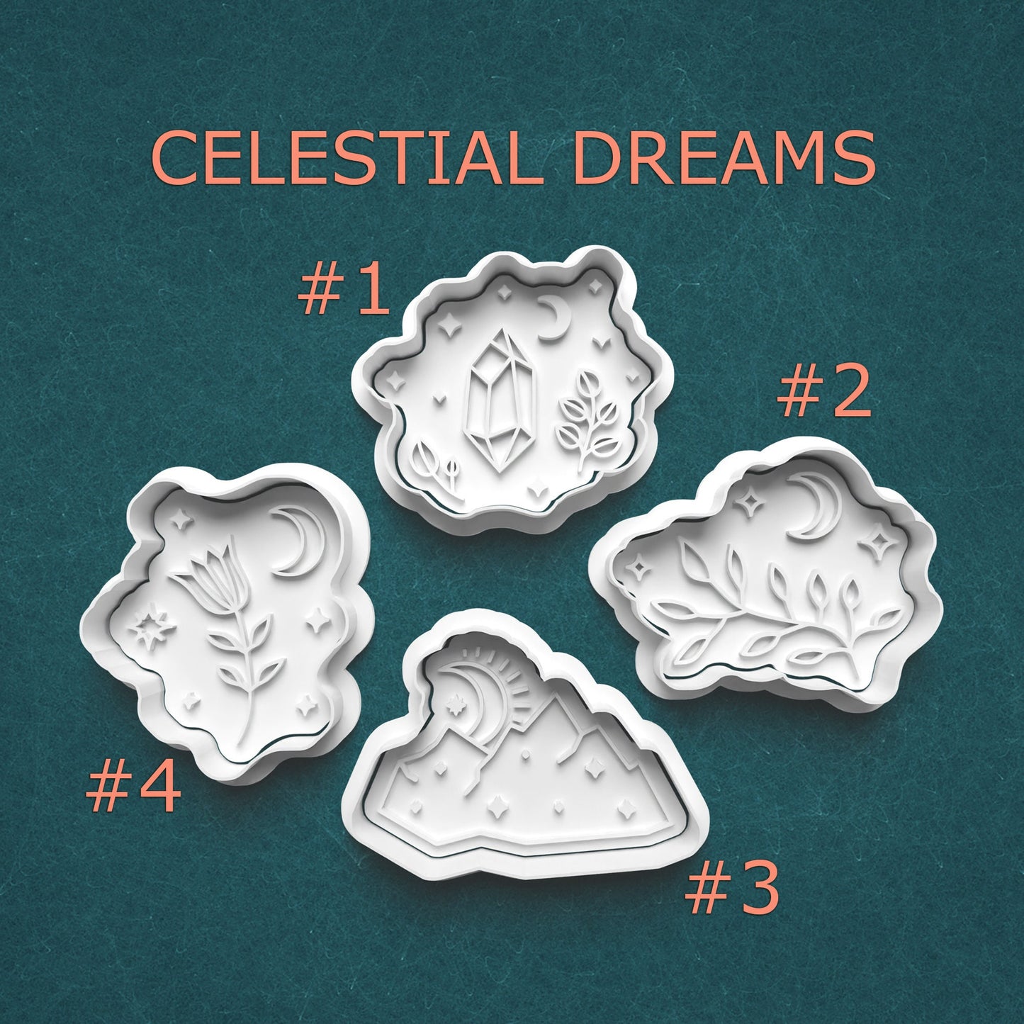 Four celestial-themed cookie cutters with designs on a teal background, labeled 'Celestial Dreams'.
