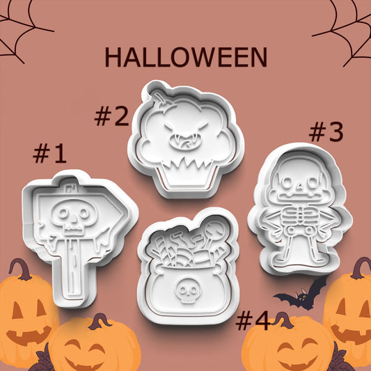 Halloween Cookie Cutter Set – Skeleton, Candy Cauldron, Spooky Sign & Angry Pumpkin