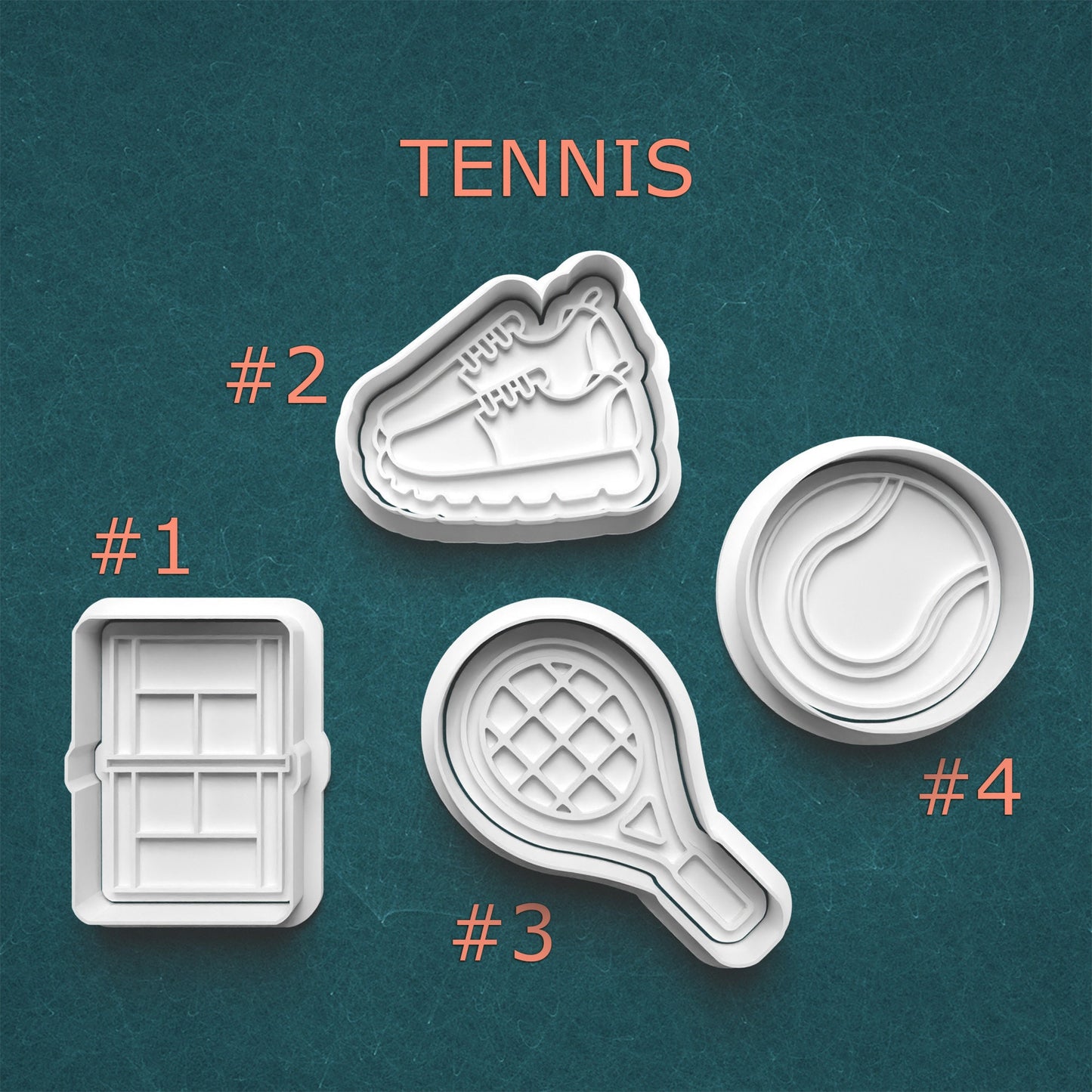 Four cookie cutters shaped like a shoe, racket, and other sports-themed items on a teal background with 'TENNIS' text.