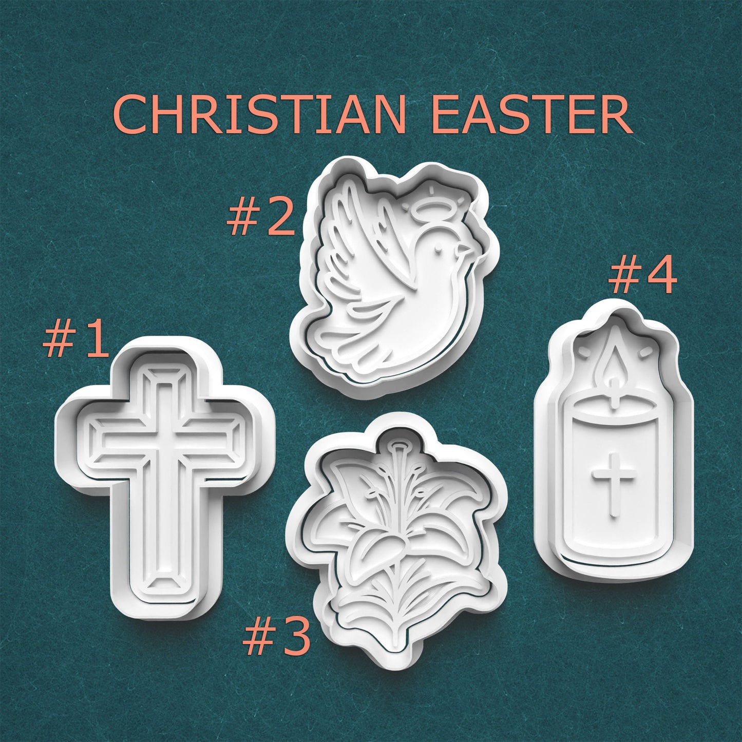 Set of Christian Easter-themed cookie cutters on a teal background