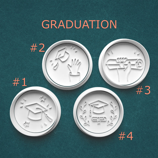 Four white graduation-themed stamps on a teal background with 'GRADUATION' text above.