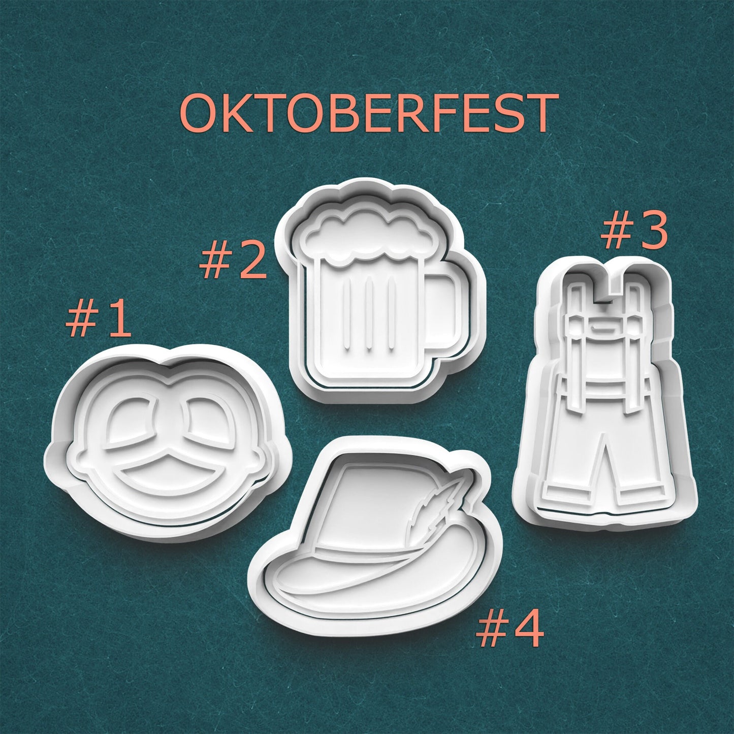 Set of Oktoberfest-themed cookie cutters on a teal background