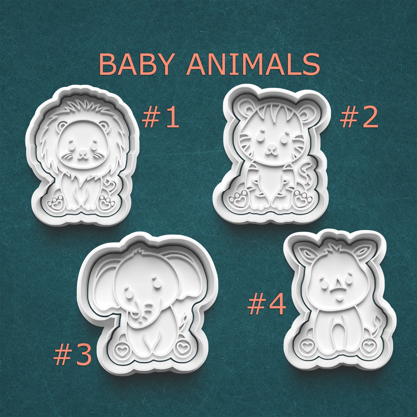 Four baby animal-shaped cookie cutters on a teal background