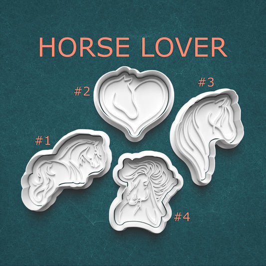 Set of four horse-shaped cookie cutters on a teal background with 'Horse Lover' text.