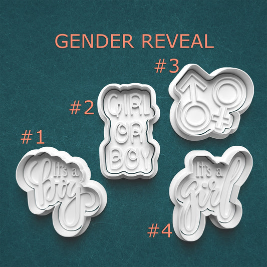 Set of four cookie cutters with gender reveal designs on a teal background