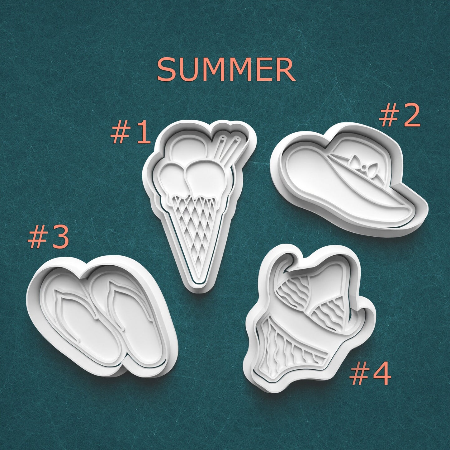 Four cookie cutters with summer-themed designs on a teal background