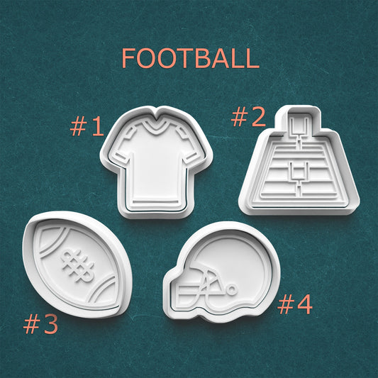 Four football-themed cookie cutters on a teal background
