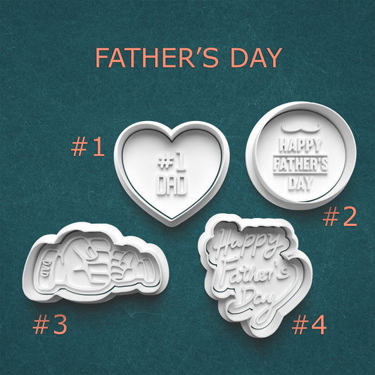 Four Father's Day-themed cookie cutters on a teal background