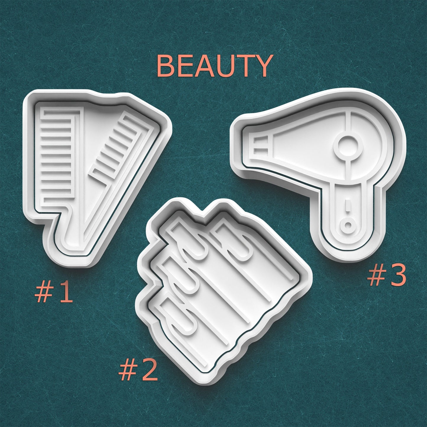 Three beauty product-shaped cookie cutters on a teal background with 'BEAUTY' text above them.
