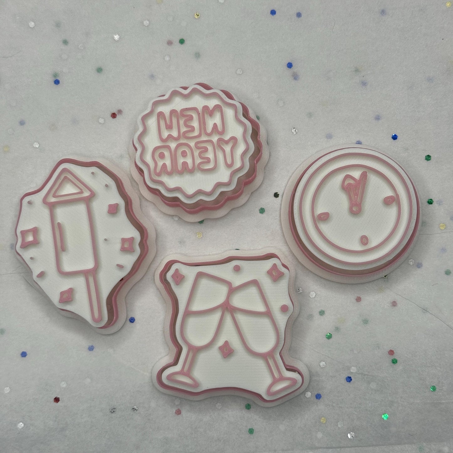 New Year’s Celebration Cookie Cutters – Party Set with Champagne, Firework, Clock & Sign (Tiny to Large)