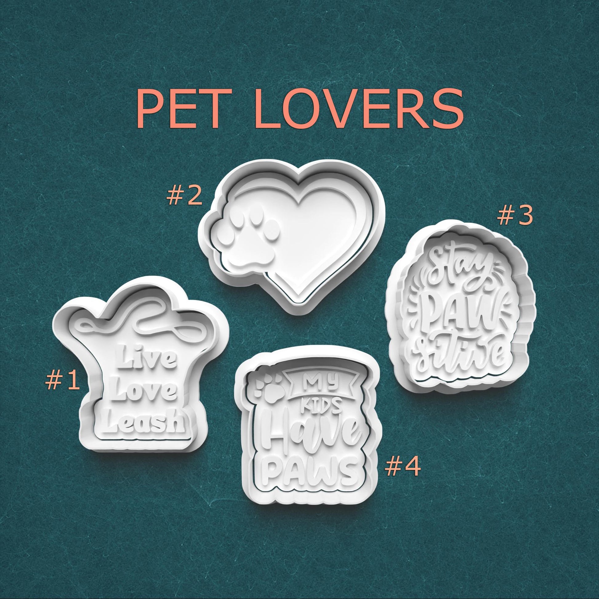 Set of four pet-themed cookie cutters with text on a teal background, labeled 'Pet Lovers'.