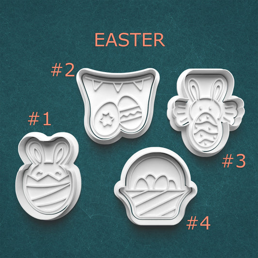 Four Easter-themed cookie cutters on a teal background