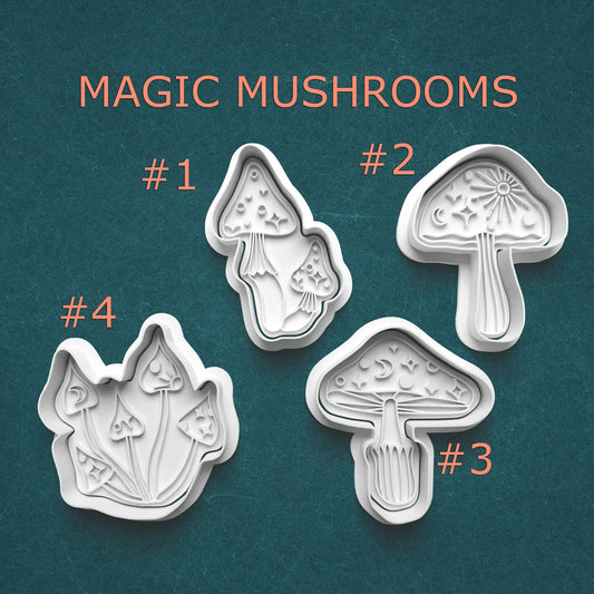 Four mushroom-shaped cookie cutters with designs on a teal background, labeled #1 to #4.