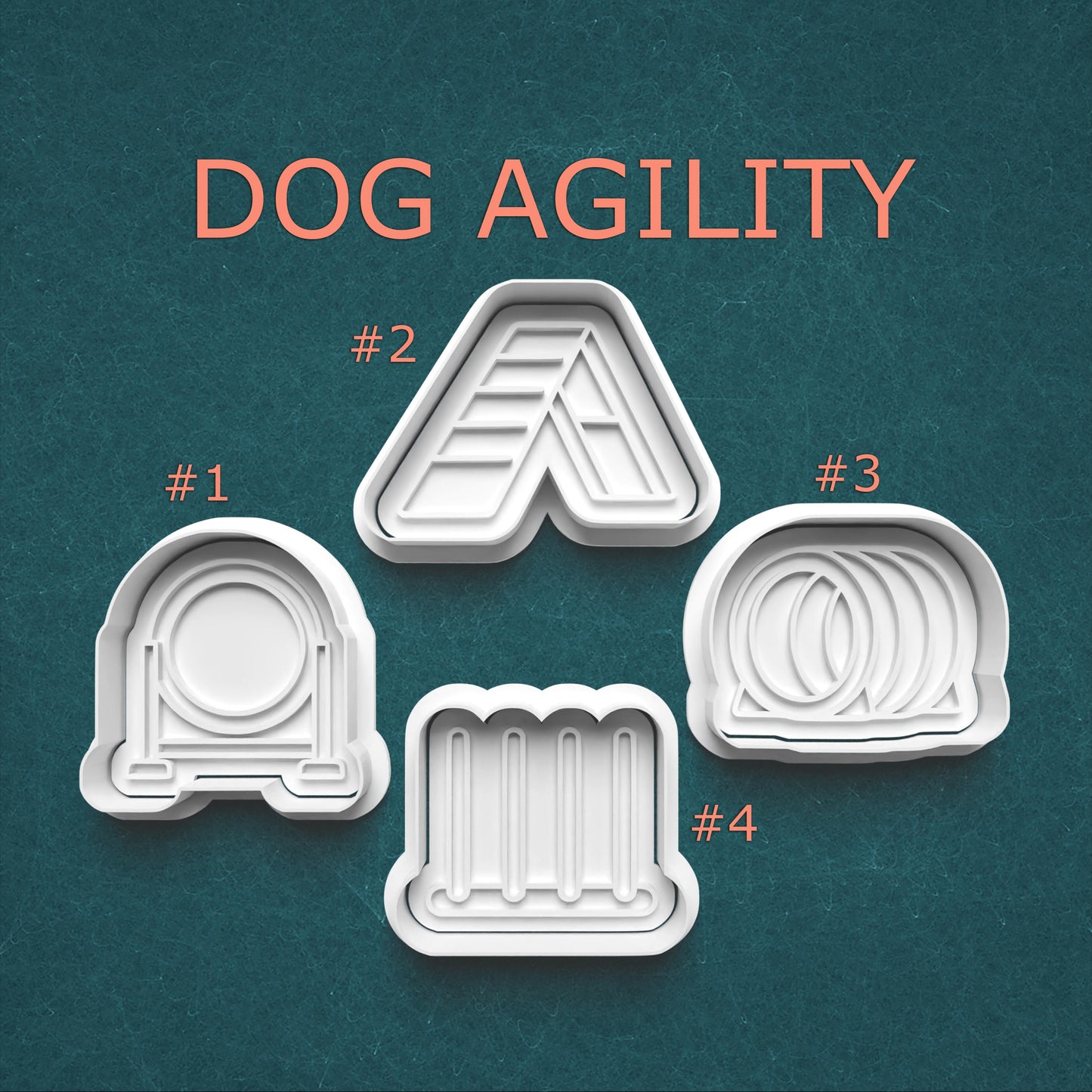 Dog agility course components on a teal background with 'DOG AGILITY' text.