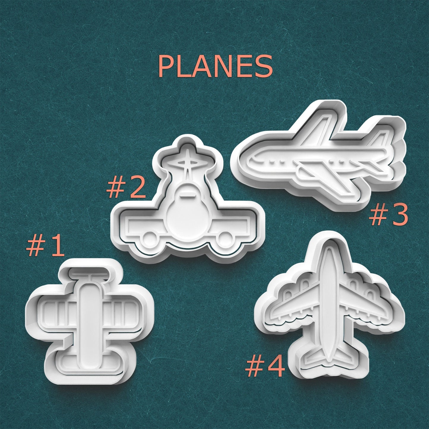 Four airplane-shaped cookie cutters on a teal background with 'PLANES' text above.