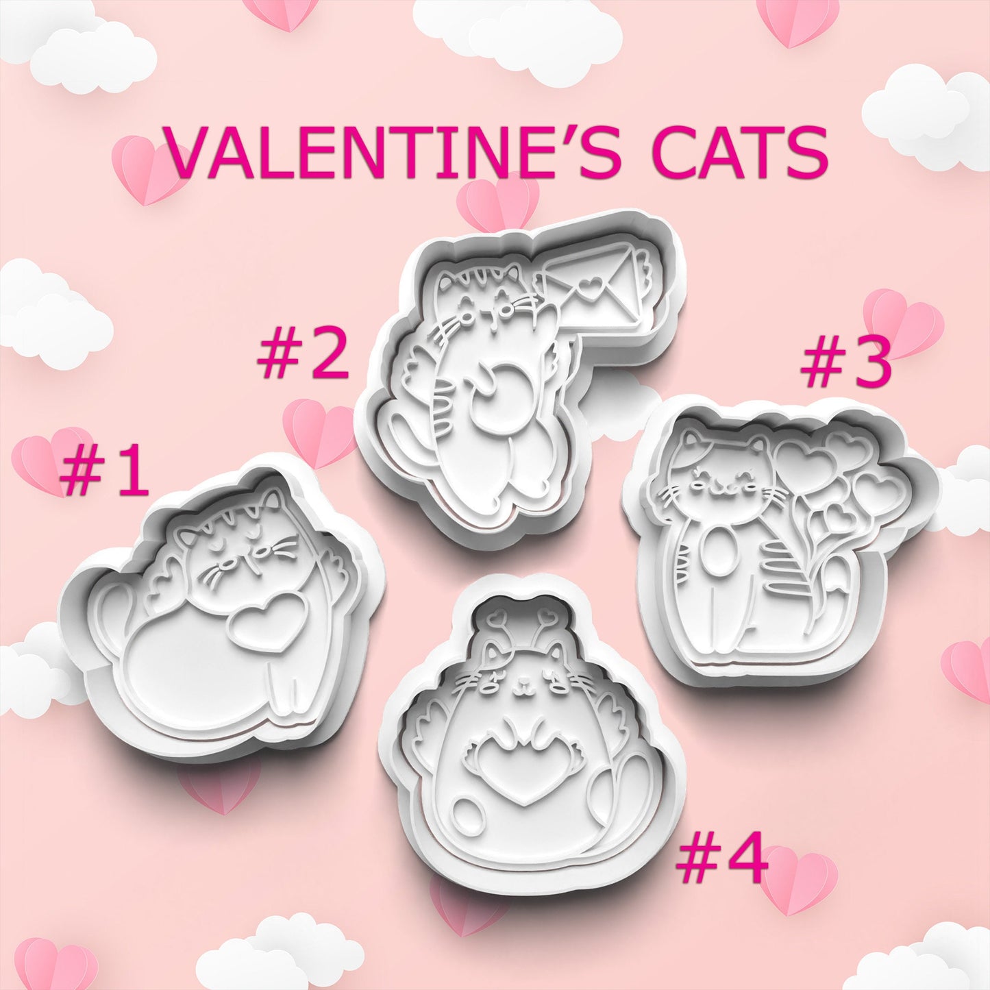 Valentine's Day Cat Cookie Cutters – 4 Whimsical Designs (Tiny to Large)