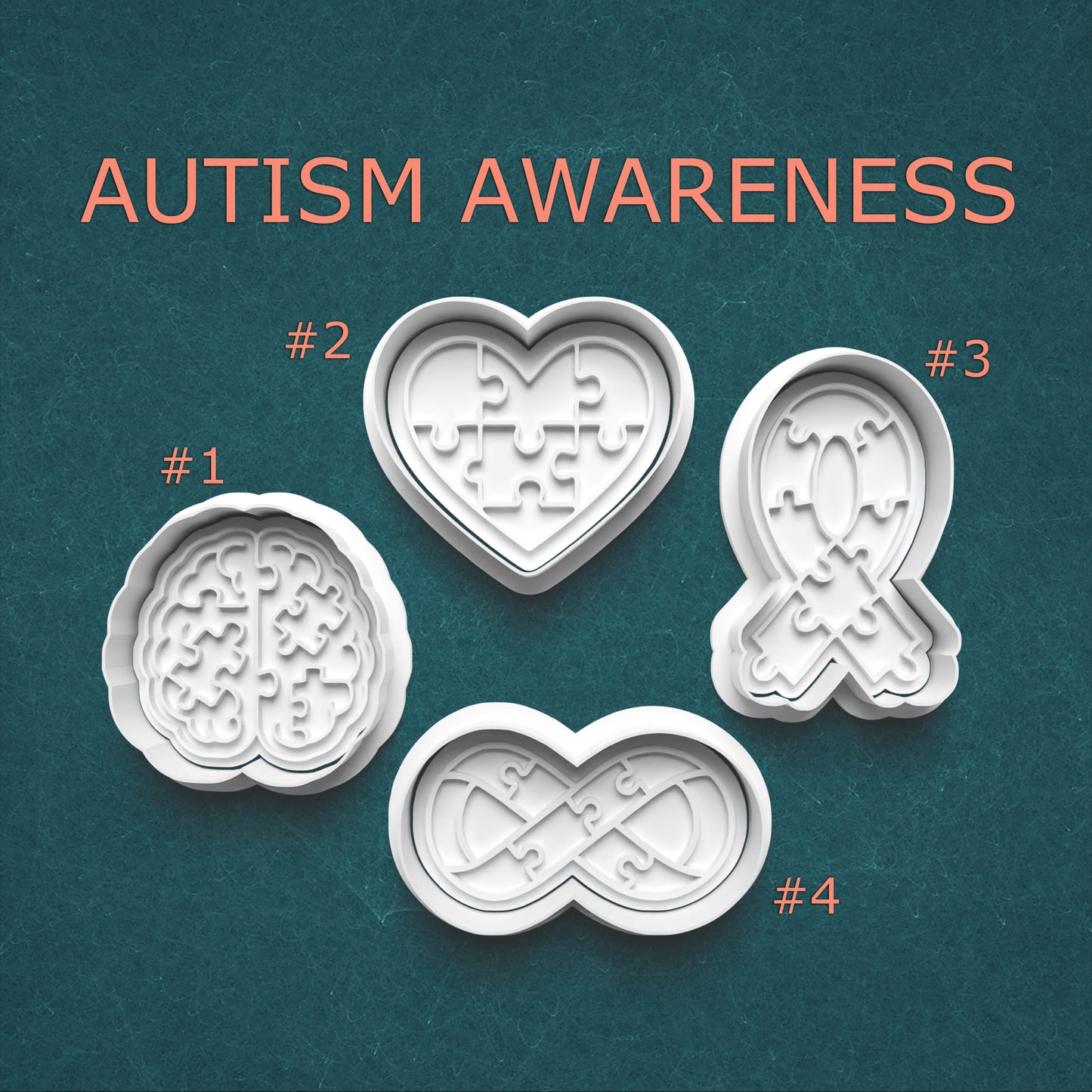 Four cookie cutters with autism awareness symbols on a teal background