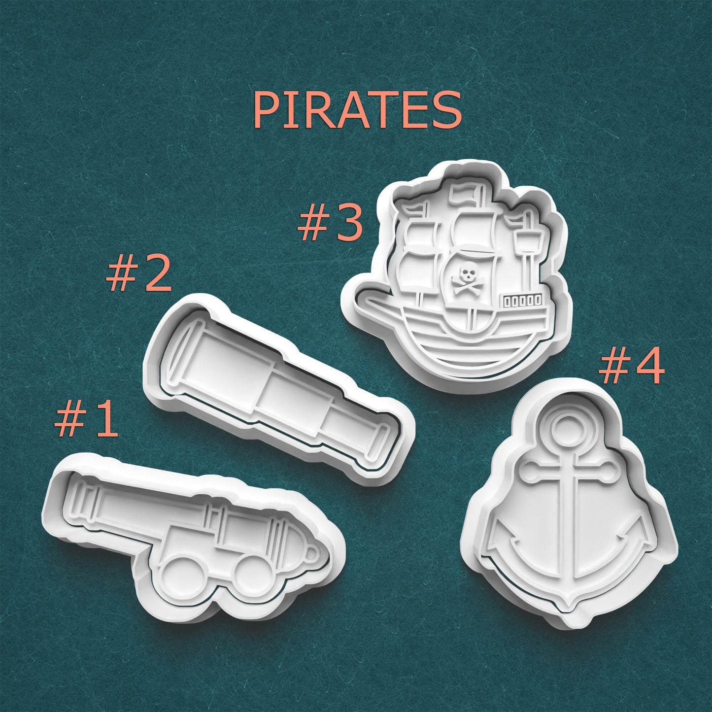 Set of pirate-themed cookie cutters on a teal background