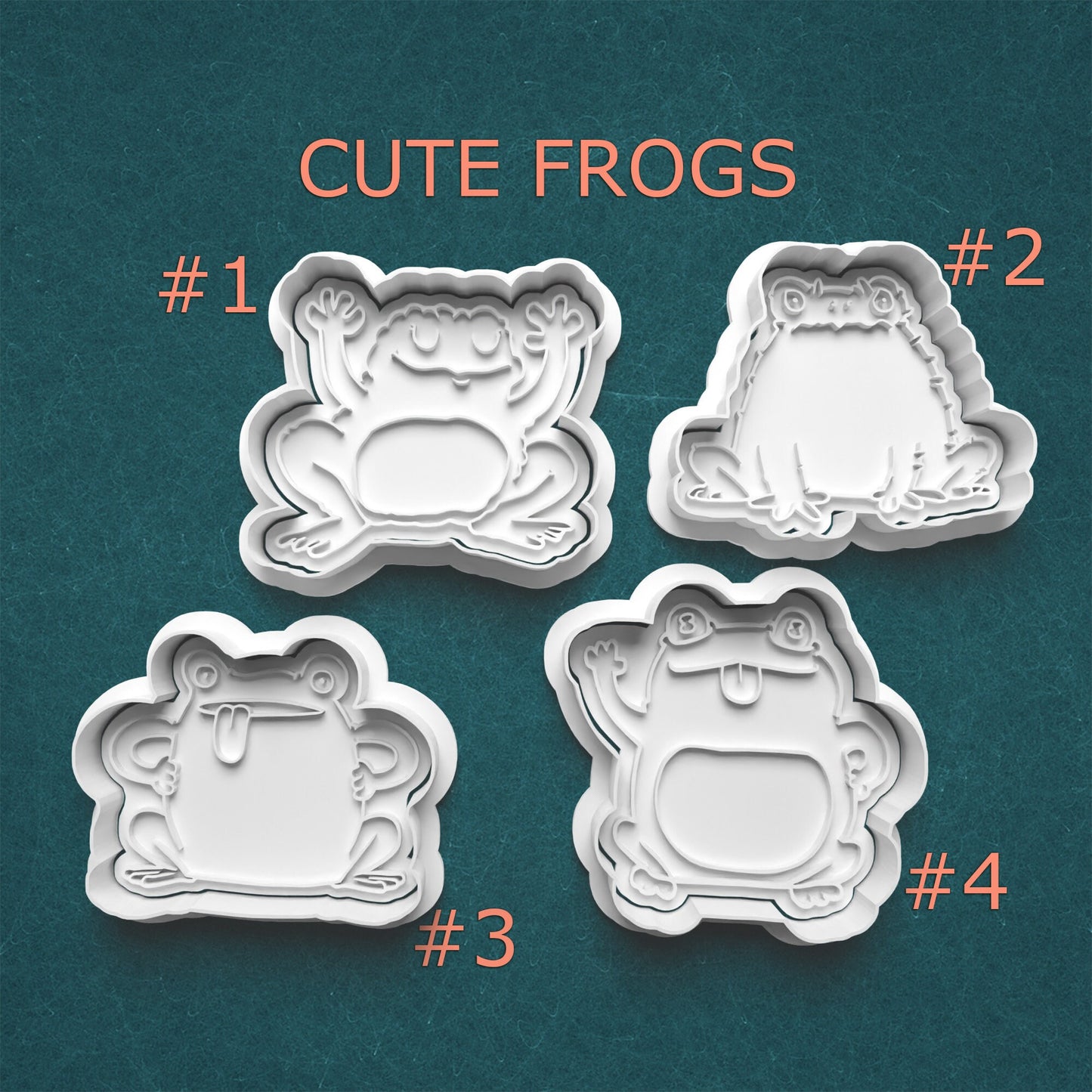 Four frog-shaped cookie cutters on a teal background with 'Cute Frogs' text above.