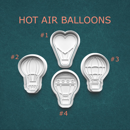 Four hot air balloon-shaped cookie cutters on a teal background with 'HOT AIR BALLOONS' text.