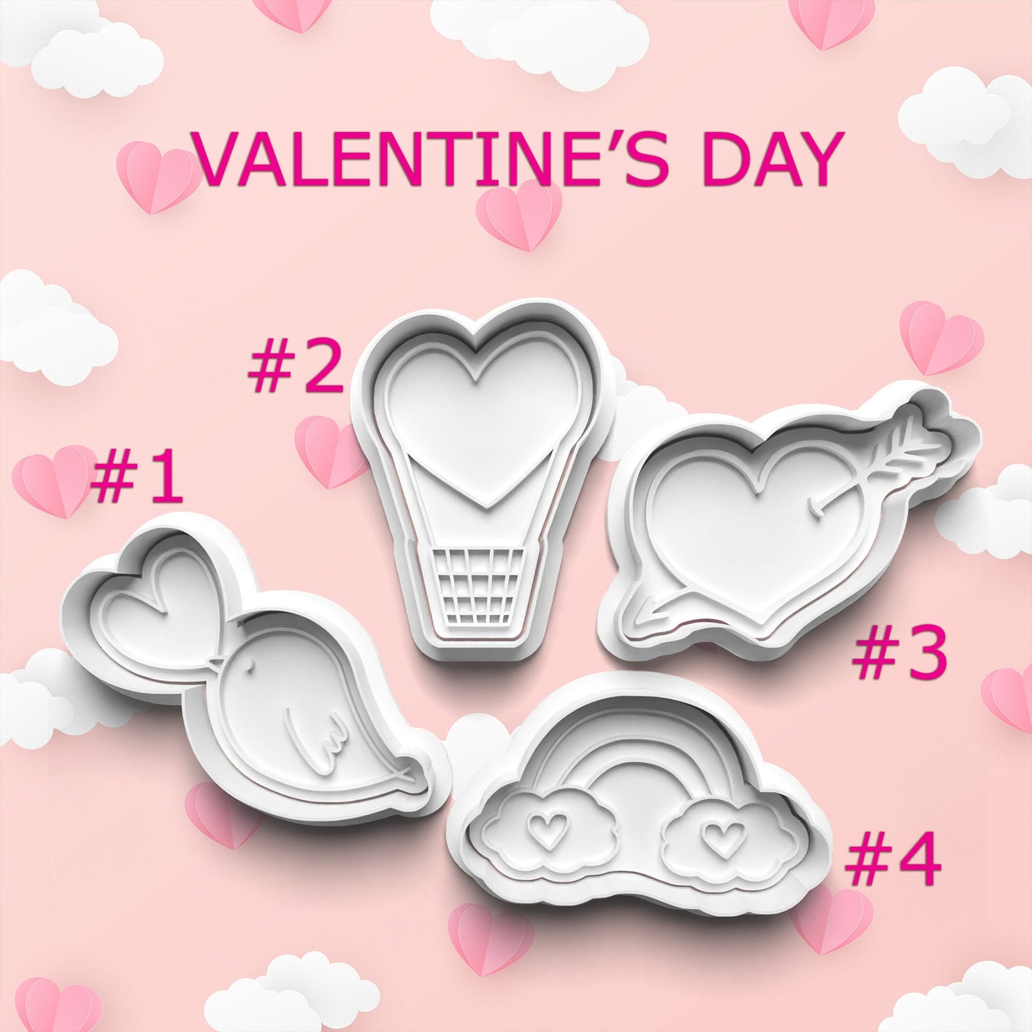 Set of heart-shaped cookie cutters on a pink background with Valentine's Day text and hearts.