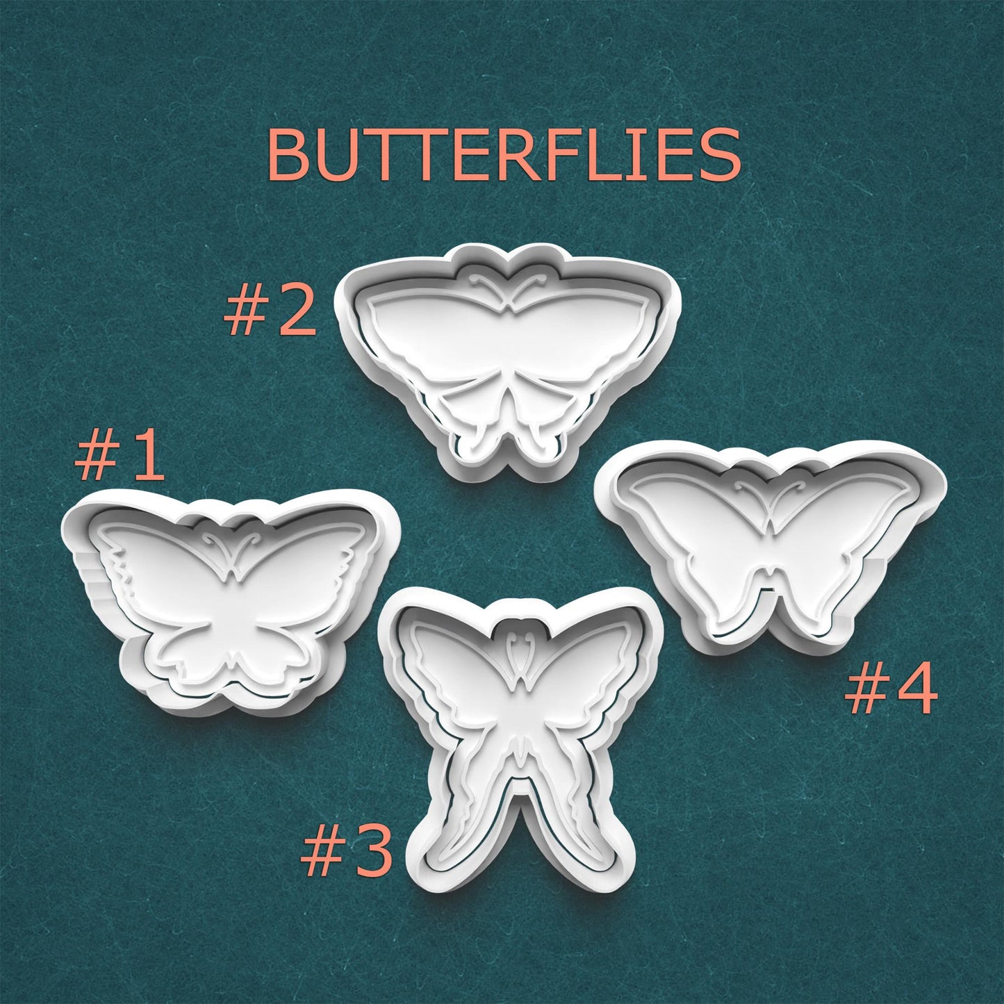 Four butterfly-shaped cookie cutters on a teal background with 'BUTTERFLIES' text above.