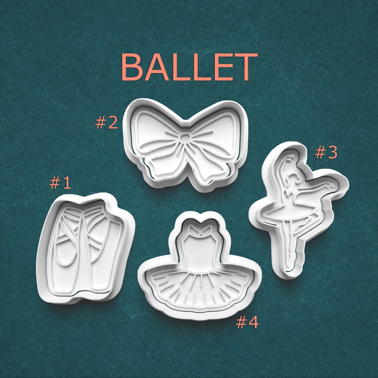 Set of four ballet-themed cookie cutters on a teal background with 'Ballet' text.