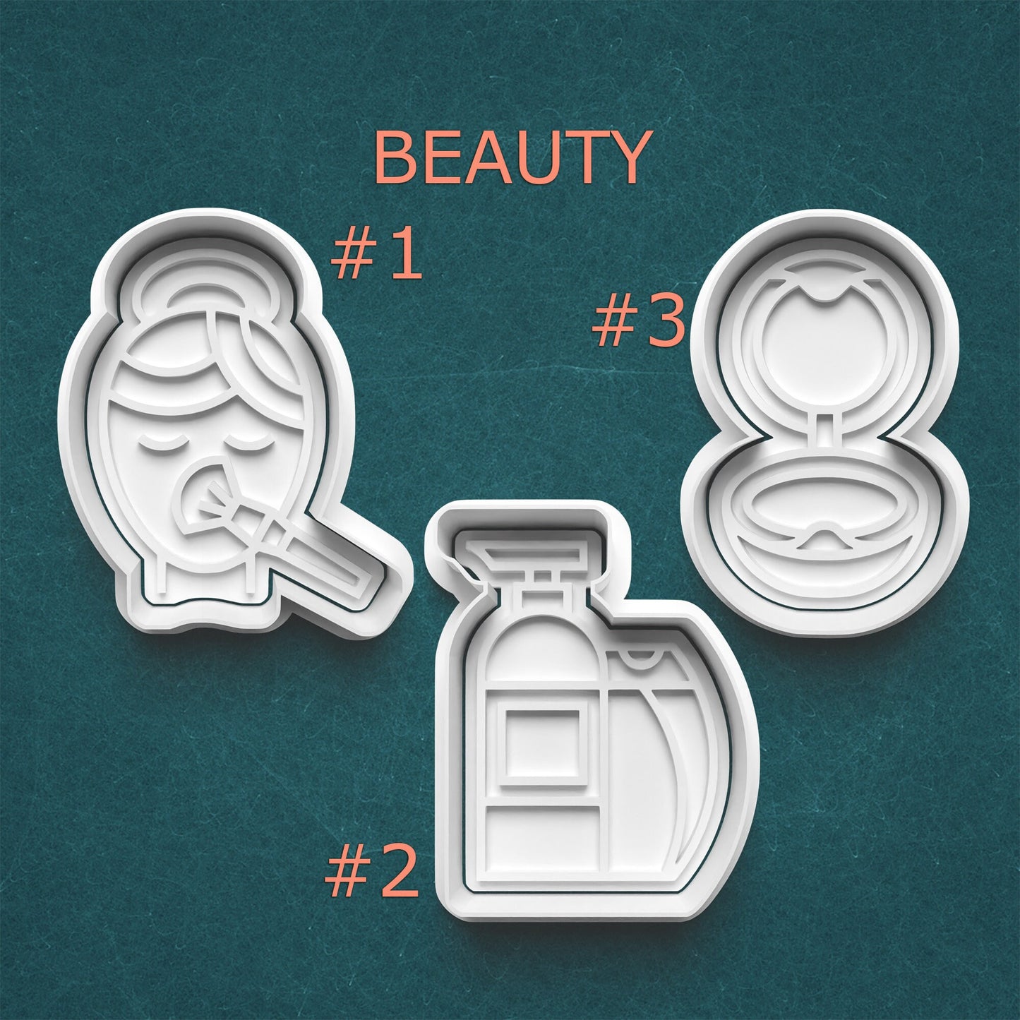 Three beauty product cookie cutters on a teal background
