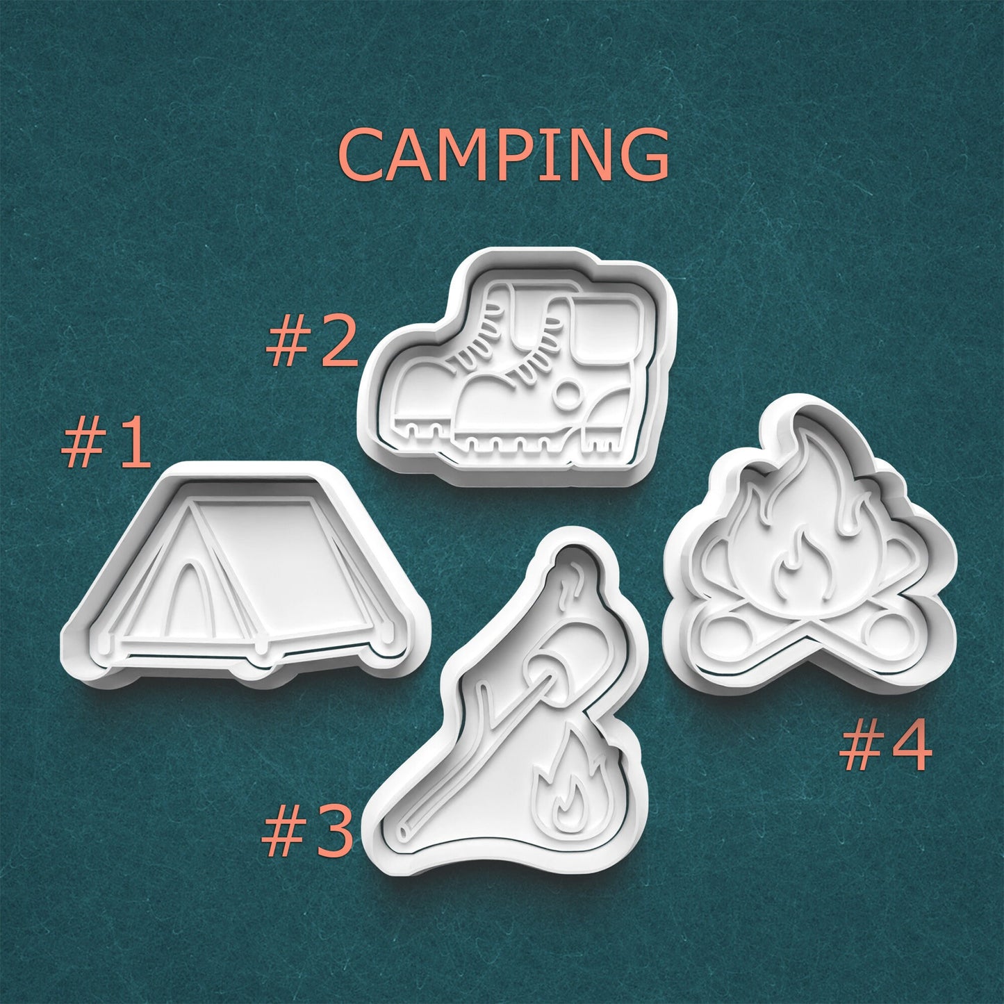 Set of four camping-themed cookie cutters on a teal background with 'Camping' text.