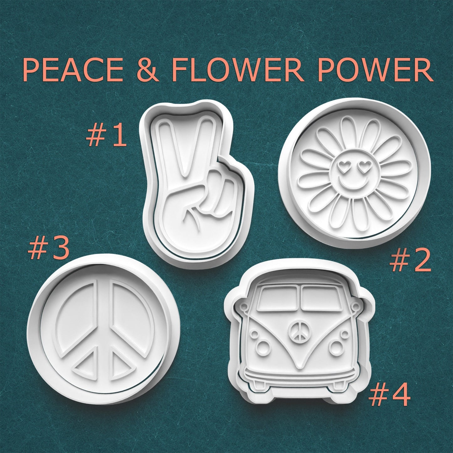 Set of four cookie cutters with peace and flower power designs on a teal background.